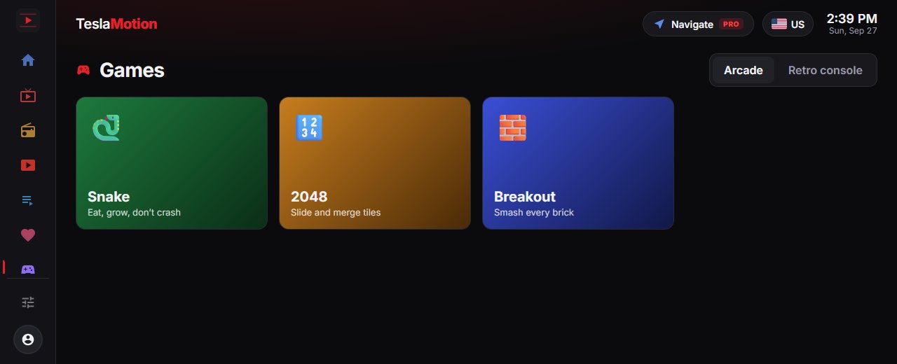 The TeslaMotion games screen with Snake, 2048 and Breakout