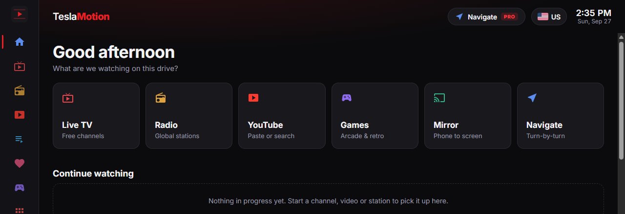 The TeslaMotion home screen with Live TV, Radio, YouTube, Games, Mirror and Navigate